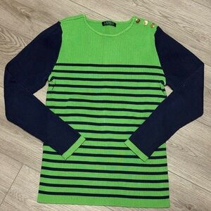 3/$18 Ralph Lauren Striped Ribbed Knit Green Top with Gold Buttons